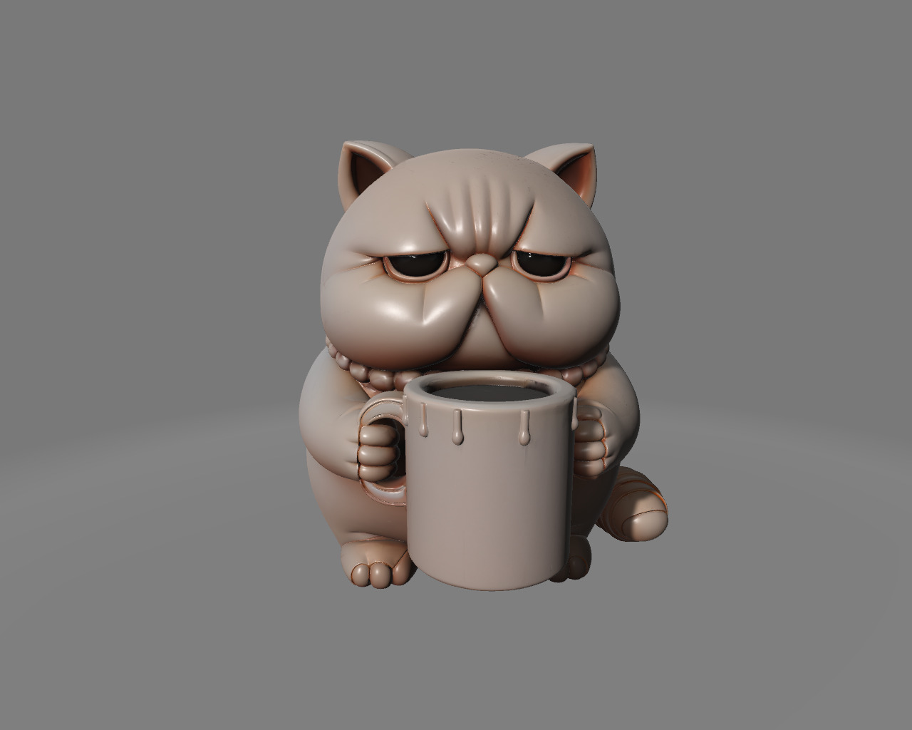 Grumpy Coffee Cat Chubby Tired Cat Desktop Figure 3D print model_1
