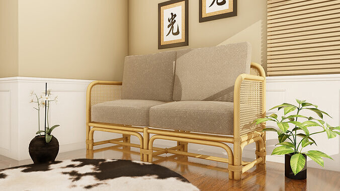 Modern Rattan 2 Seater Sofa Boho Cane Lounge 3D model
