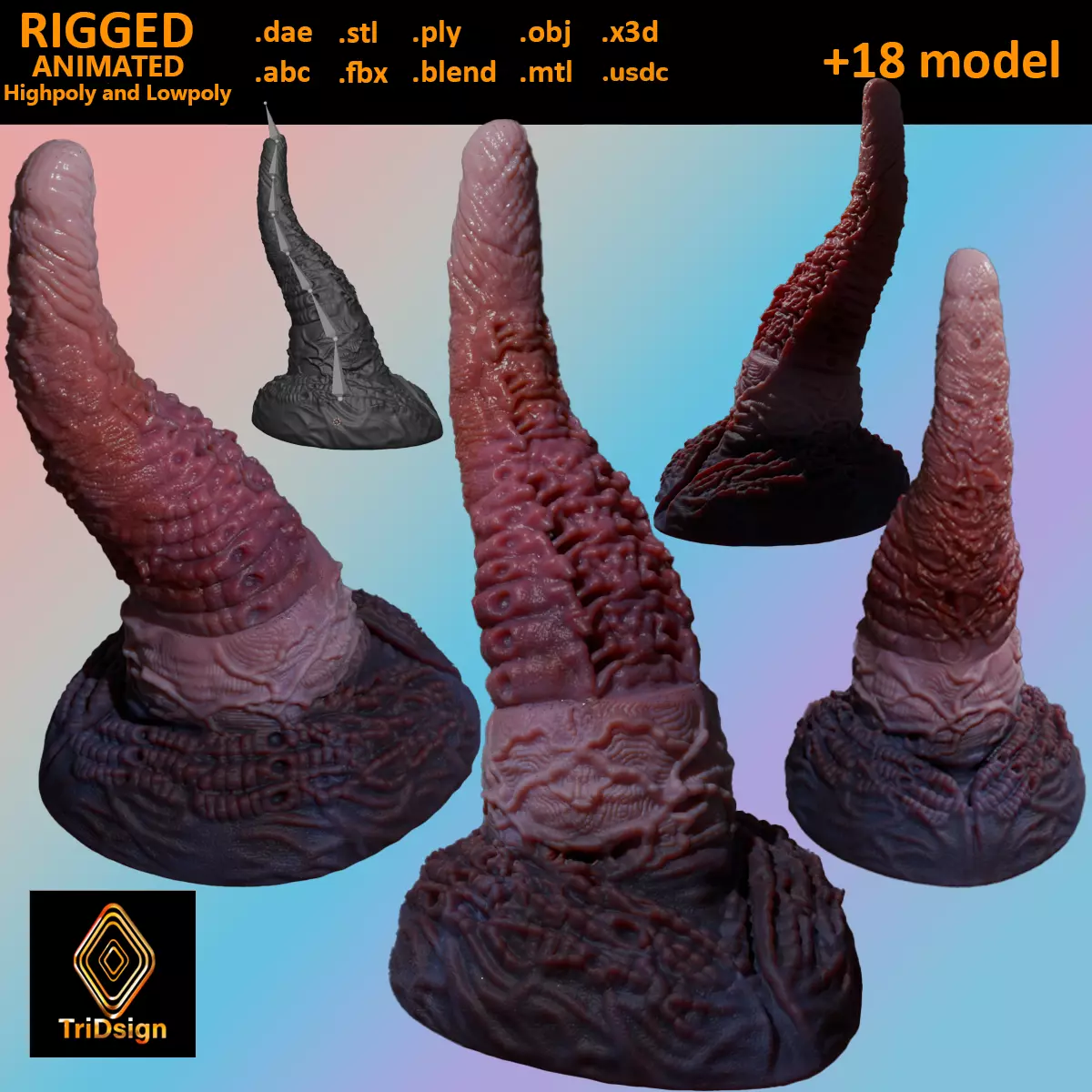 Alien Tentacle Toy Rigged Lowpoly and Highpoly Low-poly 3D model_0