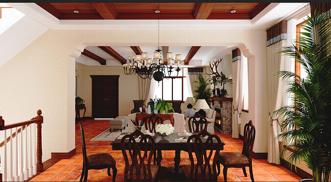 American-style villa living room and dining room 3D model