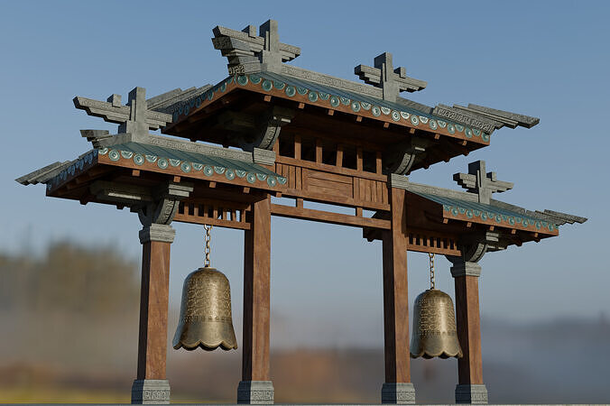 Chinese gate with bells Low-poly 3D model