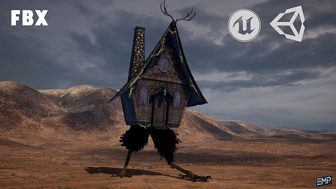 Scary house on chicken legs game character for Horror games Low-poly 3D model