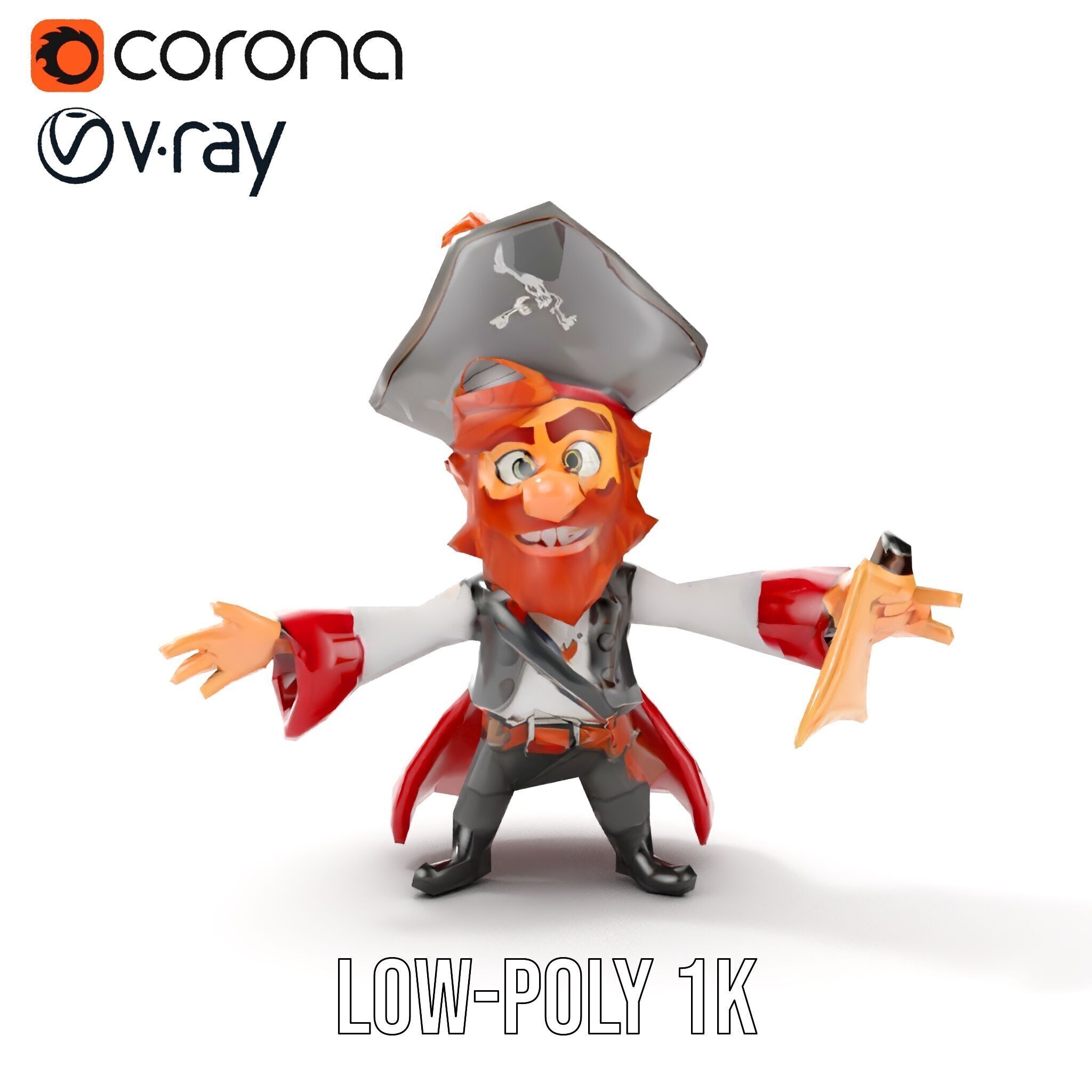Animated Pirate Character Model Rigged and Animated Low-poly 3D model_8