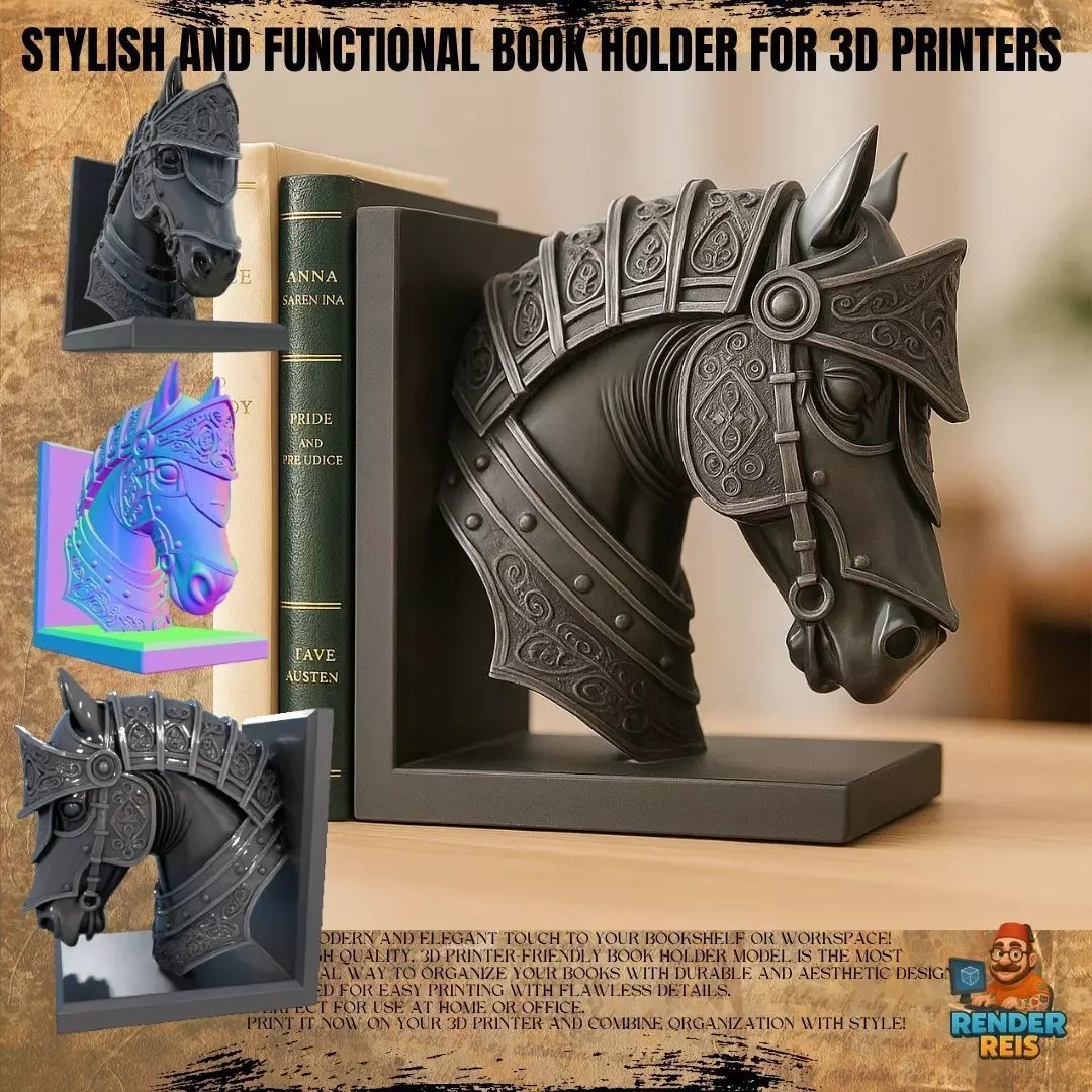 Armored Horse Head Bust Bookend 3D Printable Decorative Model 3D model_0
