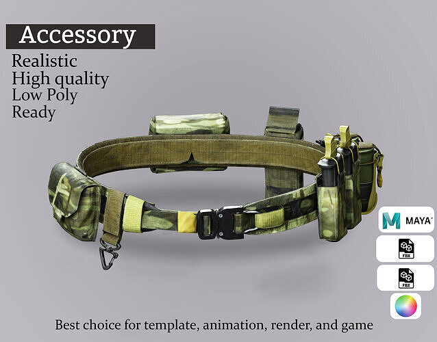 Camouflage Tactical Combat Belt with Utility Pouches Low-poly 3D model