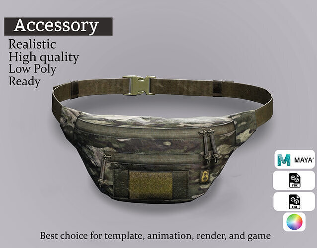 Tactical Camo Waist Pack - Game Ready Asset Low-poly 3D model