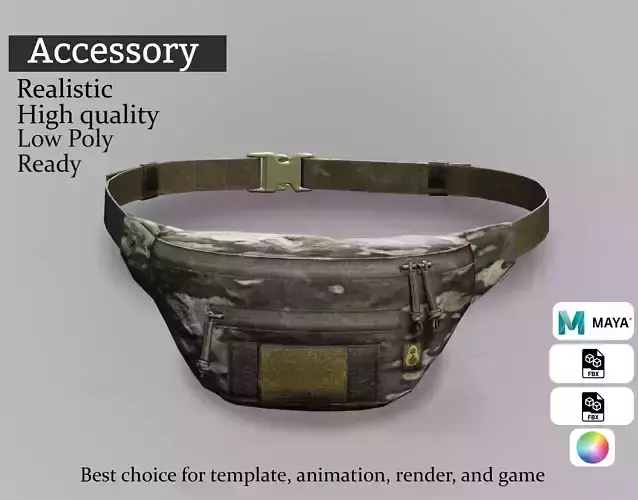 Tactical Camo Waist Pack - Game Ready Asset Low-poly 3D model