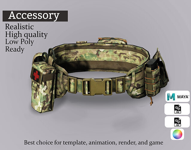 Tactical Camo Combat Belt - Game Ready 3D Model Low-poly 3D model