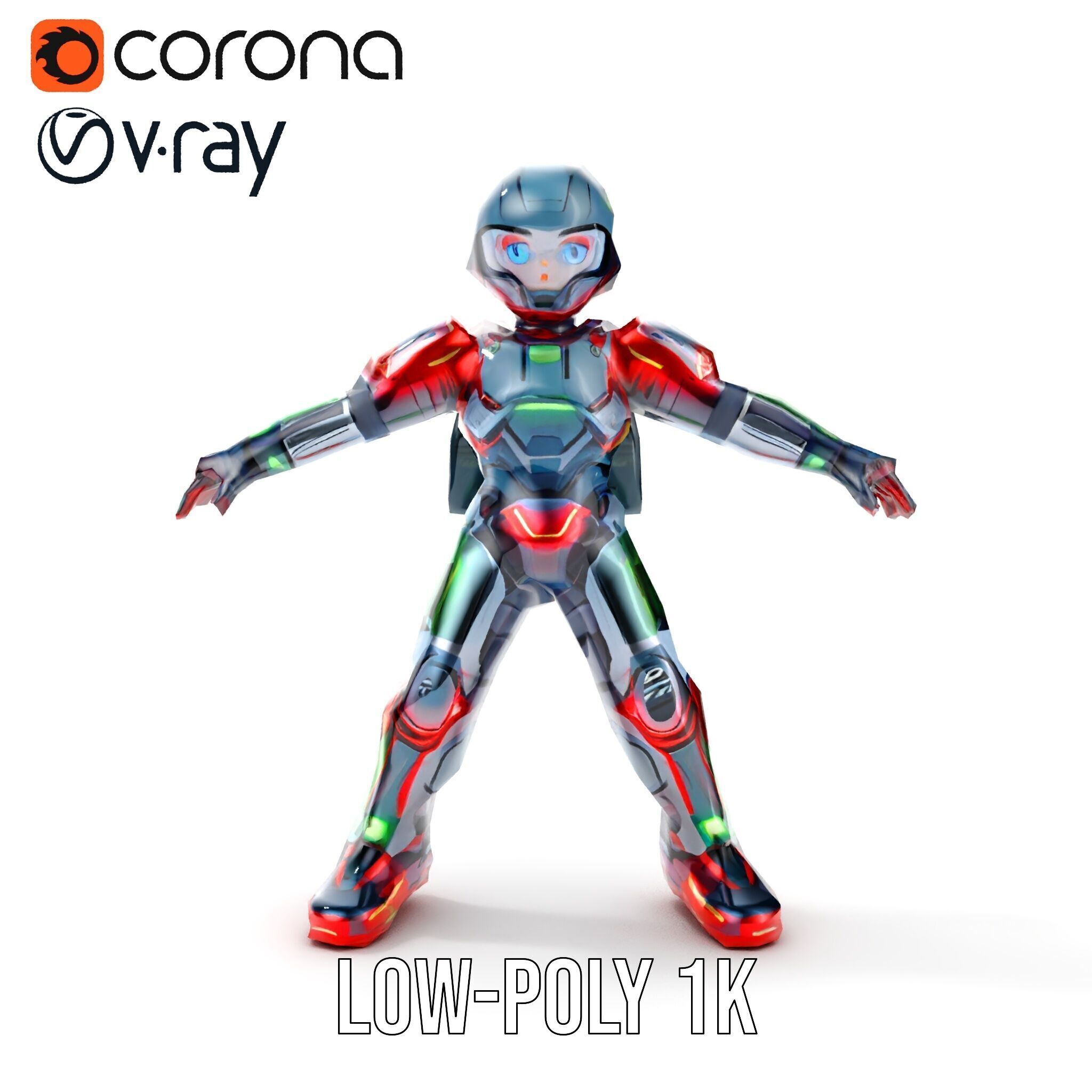 Neon Tech Warrior Rigged and Animated D Character Model Low-poly 3D model_14