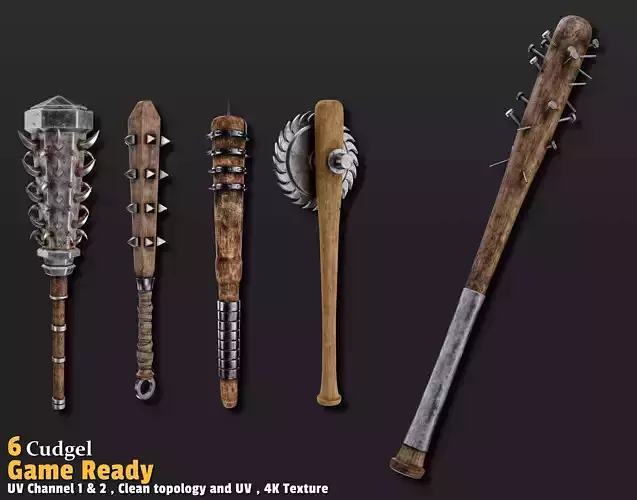 6 Medieval Cudgel Game Ready Low-poly 3D model