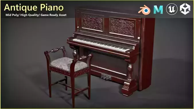 Antique Piano with Stool- Game Ready