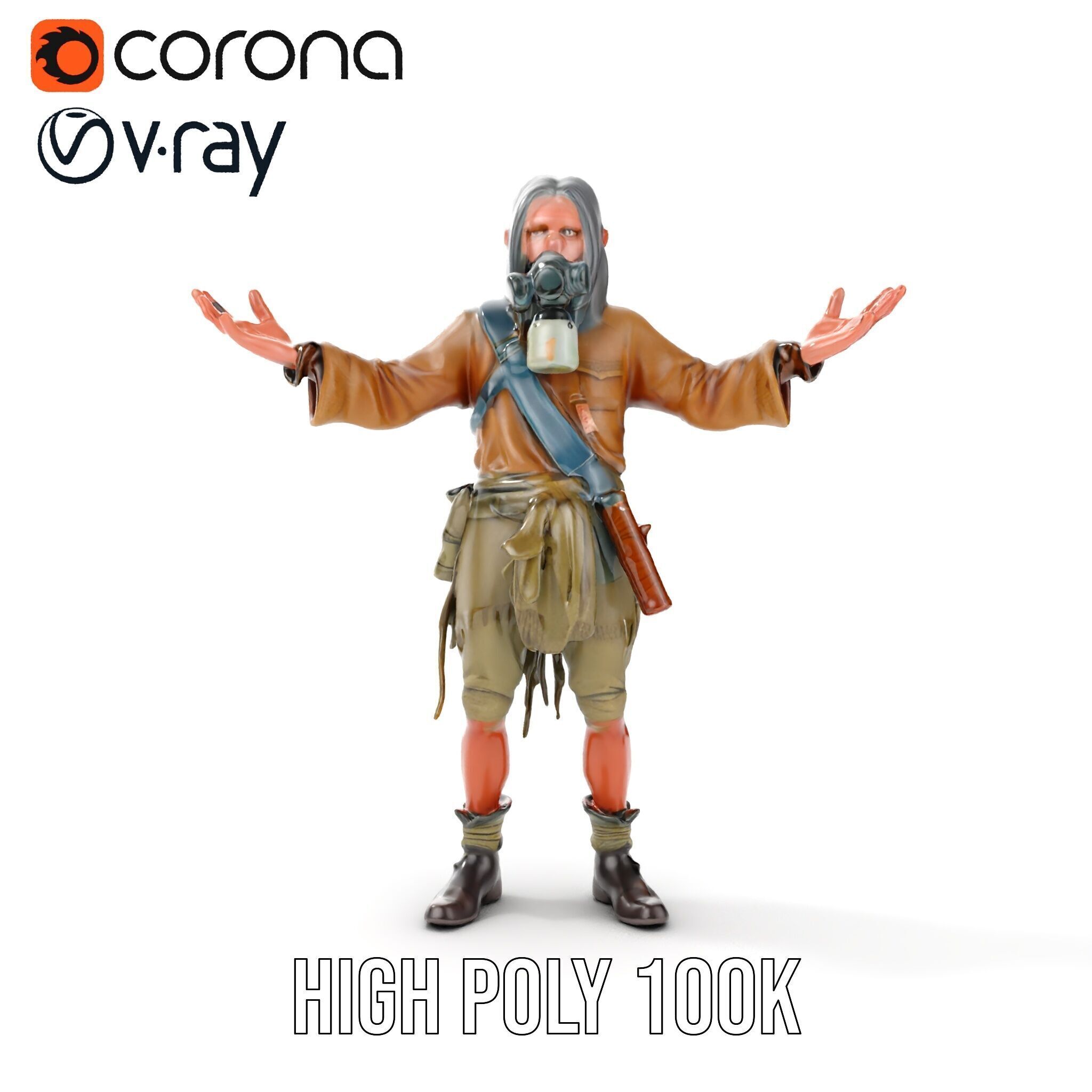 PostApocalyptic Survivor with Gas Mask Rigged and Animated Low-poly 3D model_28