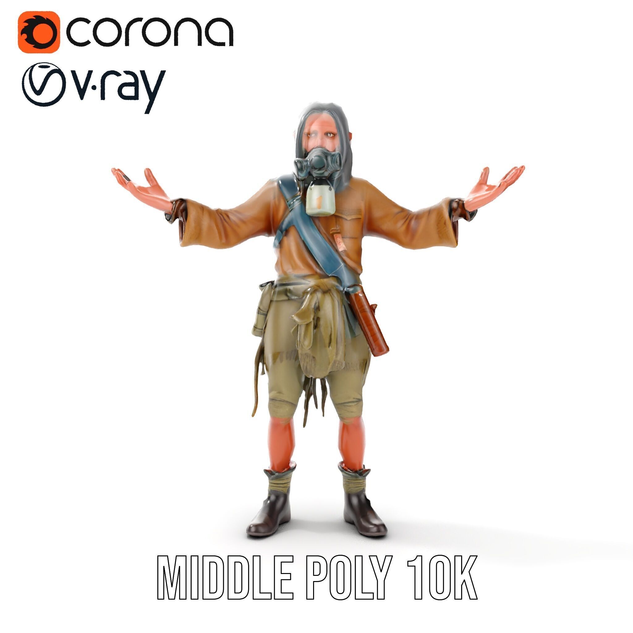 PostApocalyptic Survivor with Gas Mask Rigged and Animated Low-poly 3D model_17