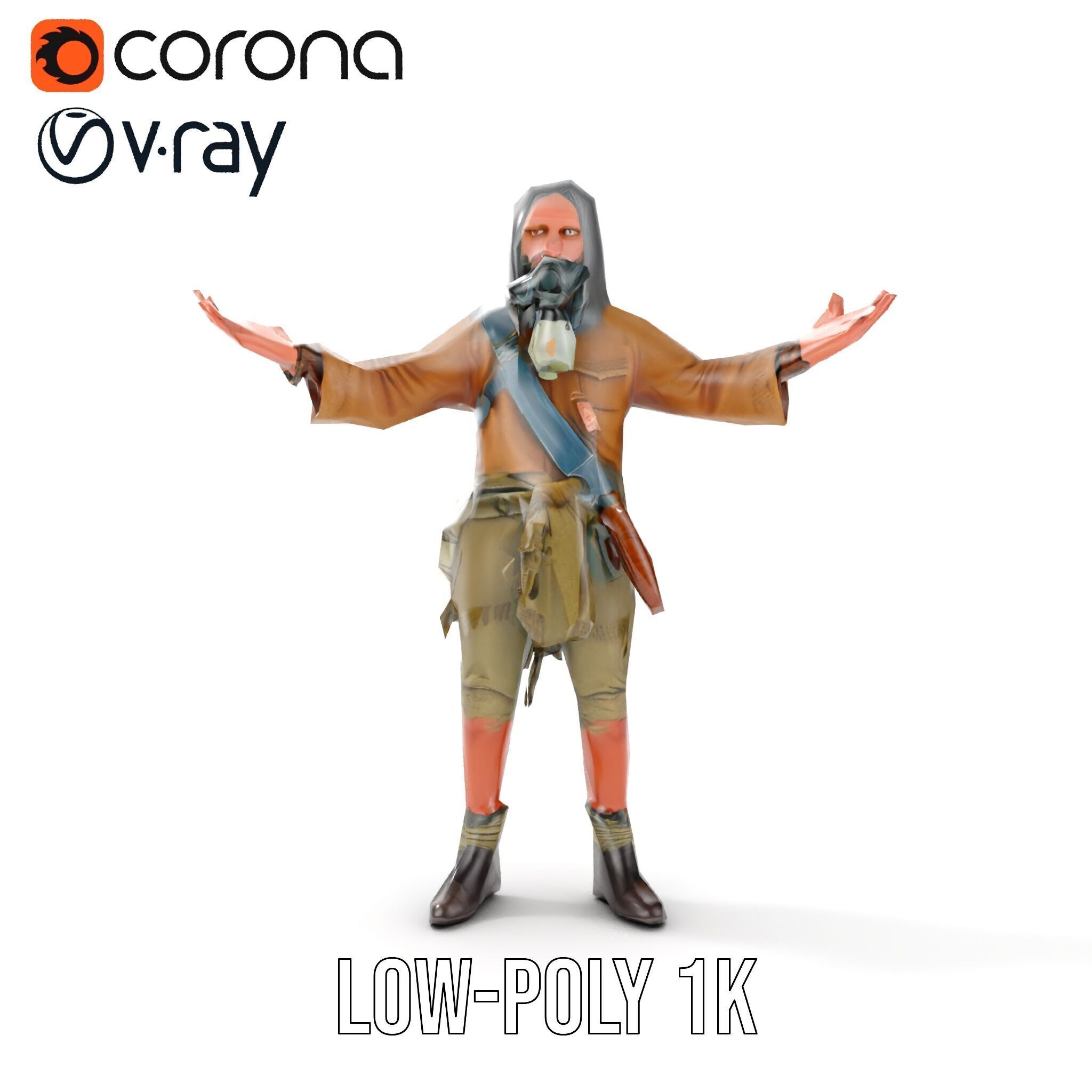 PostApocalyptic Survivor with Gas Mask Rigged and Animated Low-poly 3D model_18