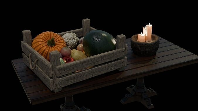 Medieval Vegetables Crate on Rustic Table with Candles  3D model