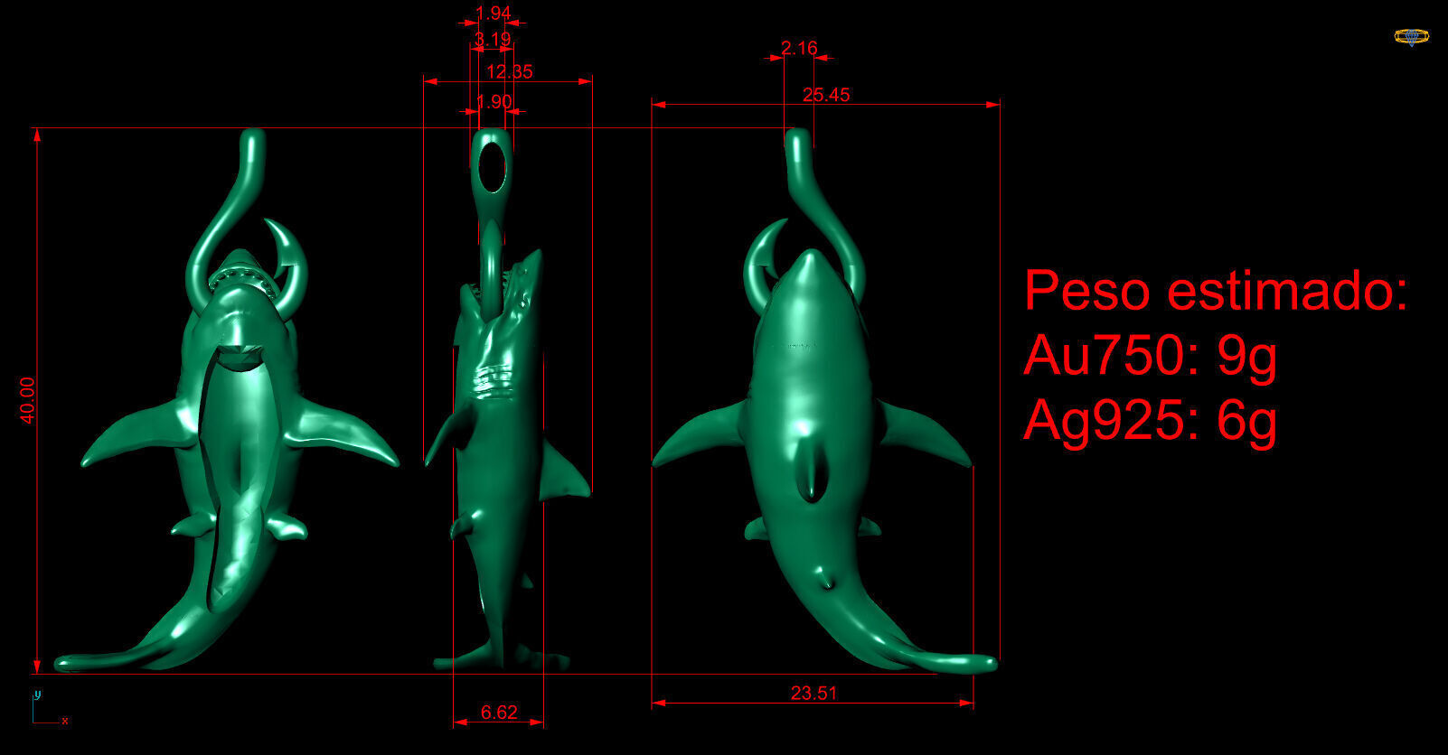 Shark Pendant with Hook 3D print model_3