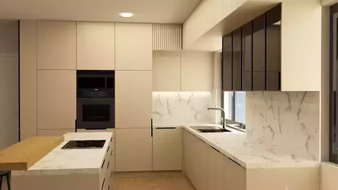 Warm Minimalism Kitchen Interior in 3D 3D model