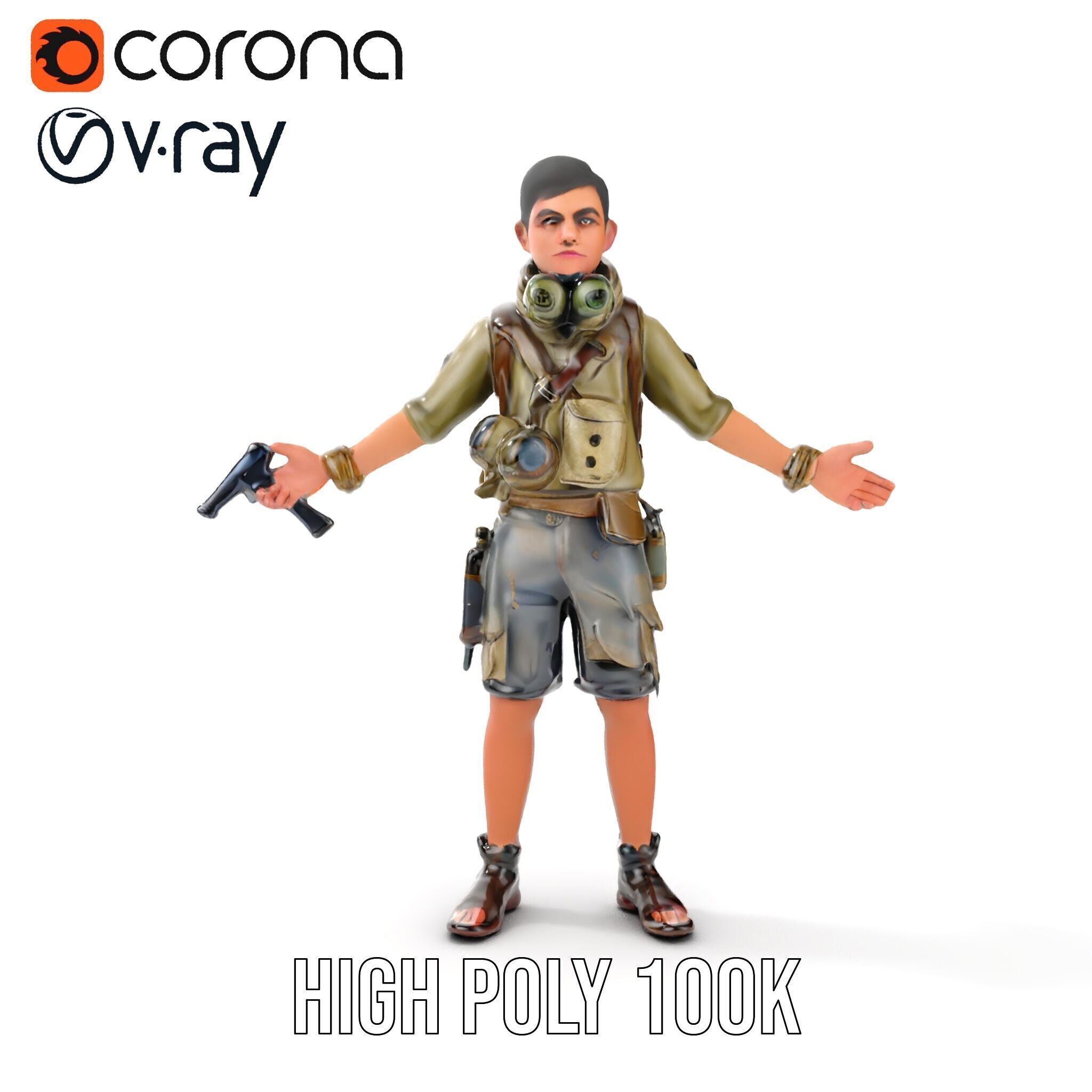 Young Adventurer with Gear Rigged and Animated Low-poly 3D model_34