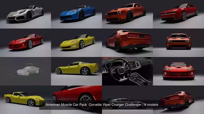 American Muscle Car Pack  Corvette Viper Charger Challenger 3D Model Collection