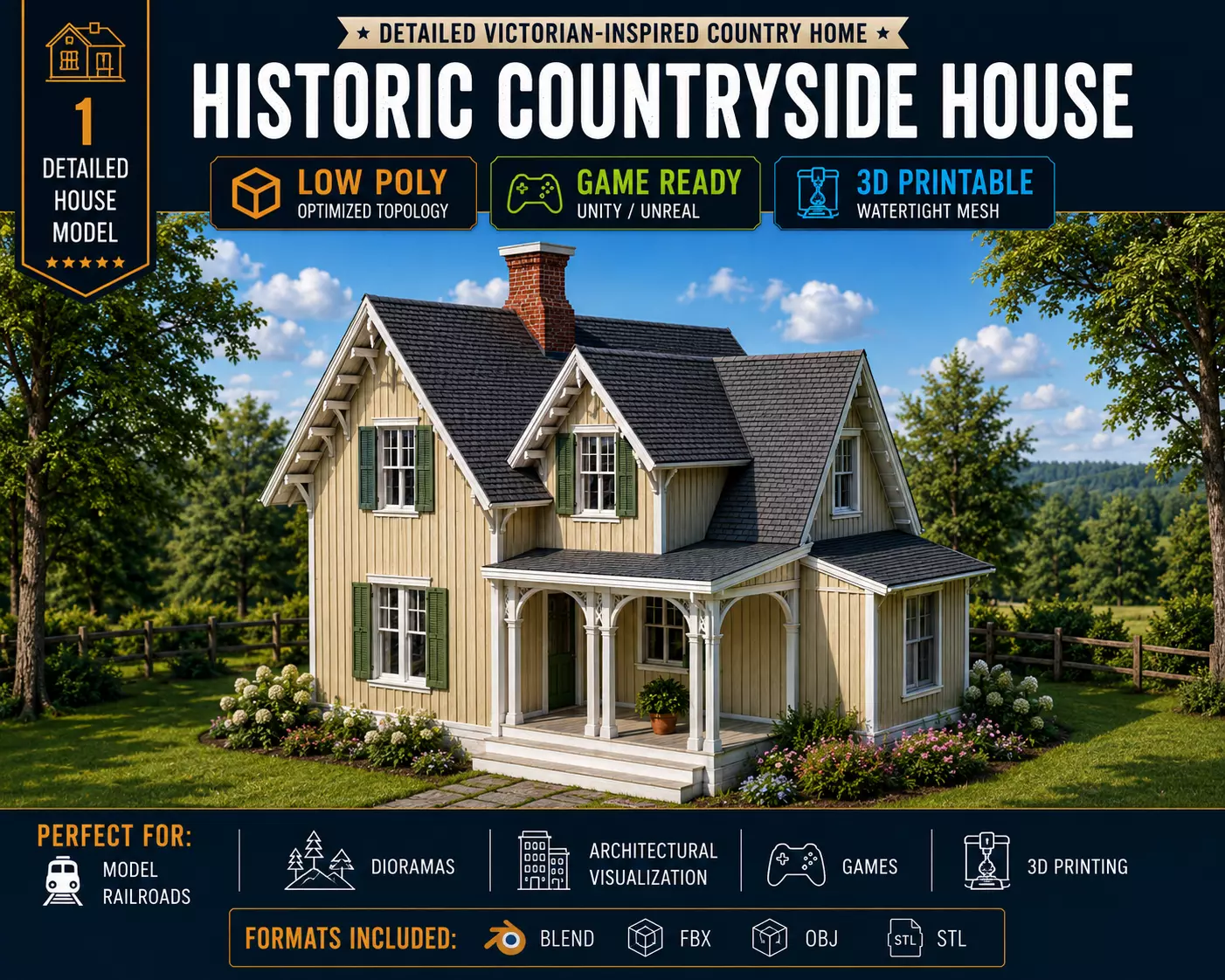 Classic Countryside Wooden House Low Poly Game Ready 3D Model 3D print model
