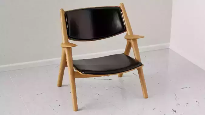 Modern Wood and Black Leather Chair Scandinavian Design Archviz