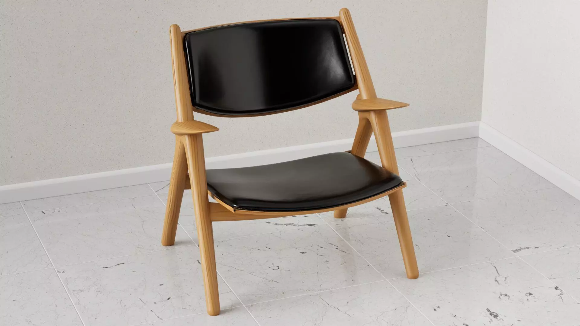Modern Wood and Black Leather Chair Scandinavian Design Archviz 3D model