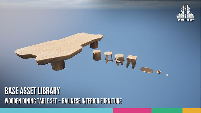 Wooden Dining Table Set Balinese Interior Furniture 3D model