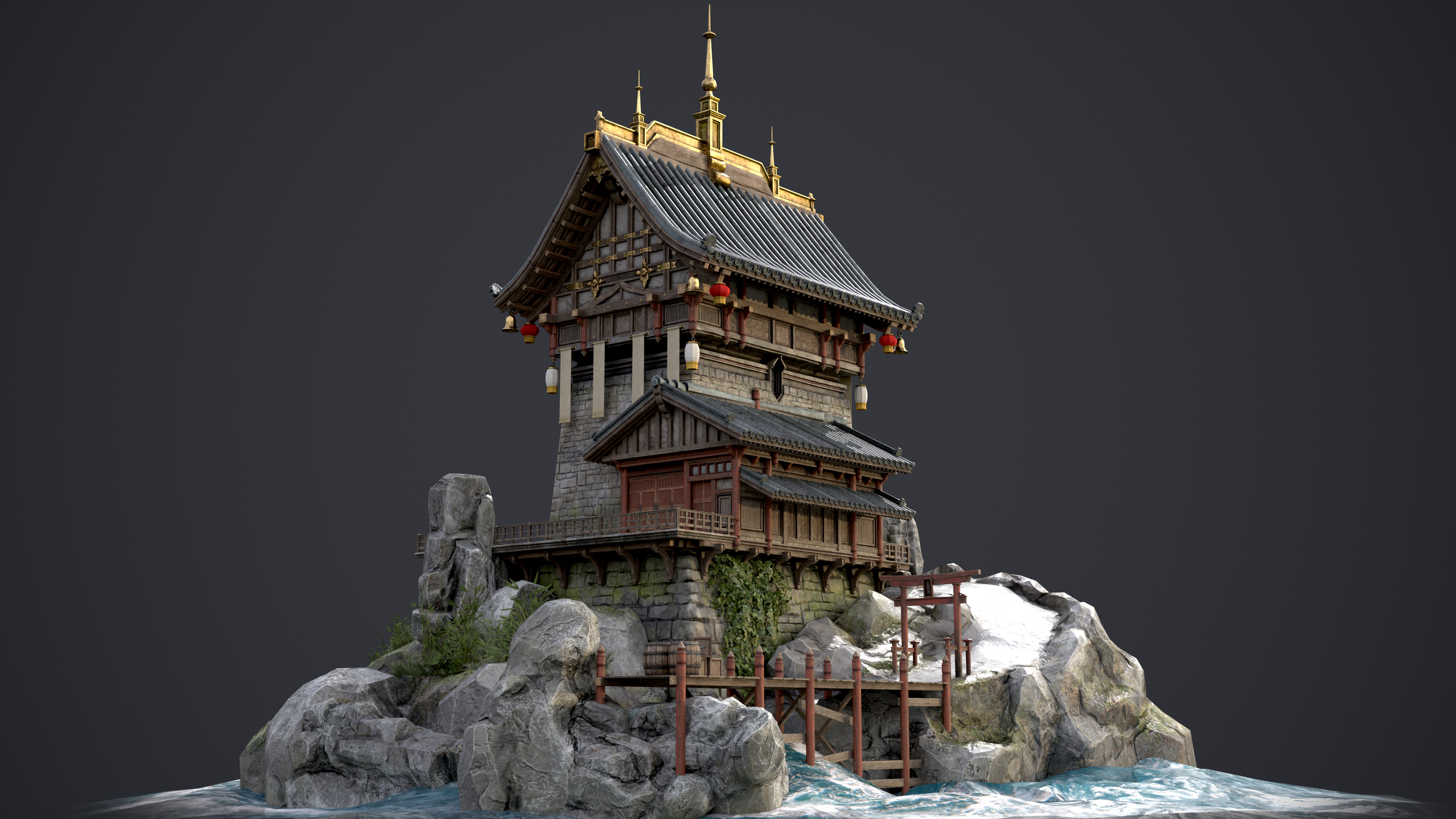 Old Asian Building Low-poly 3D model_6