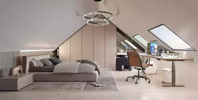 Upstairs Bedroom Interior Scene Cozy Stylish Design