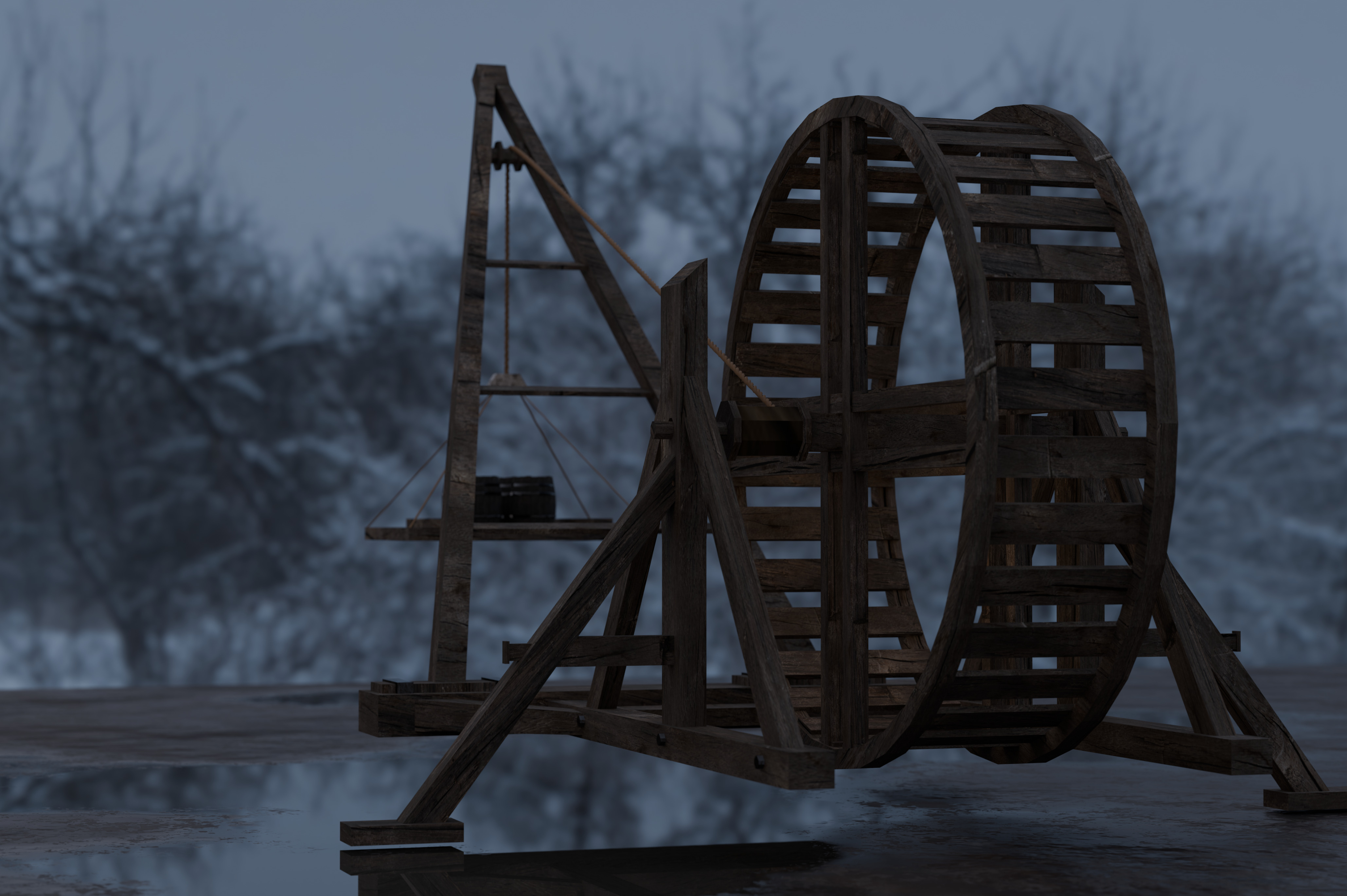 Medieval Treadmill Crane Low-poly 3D model_6