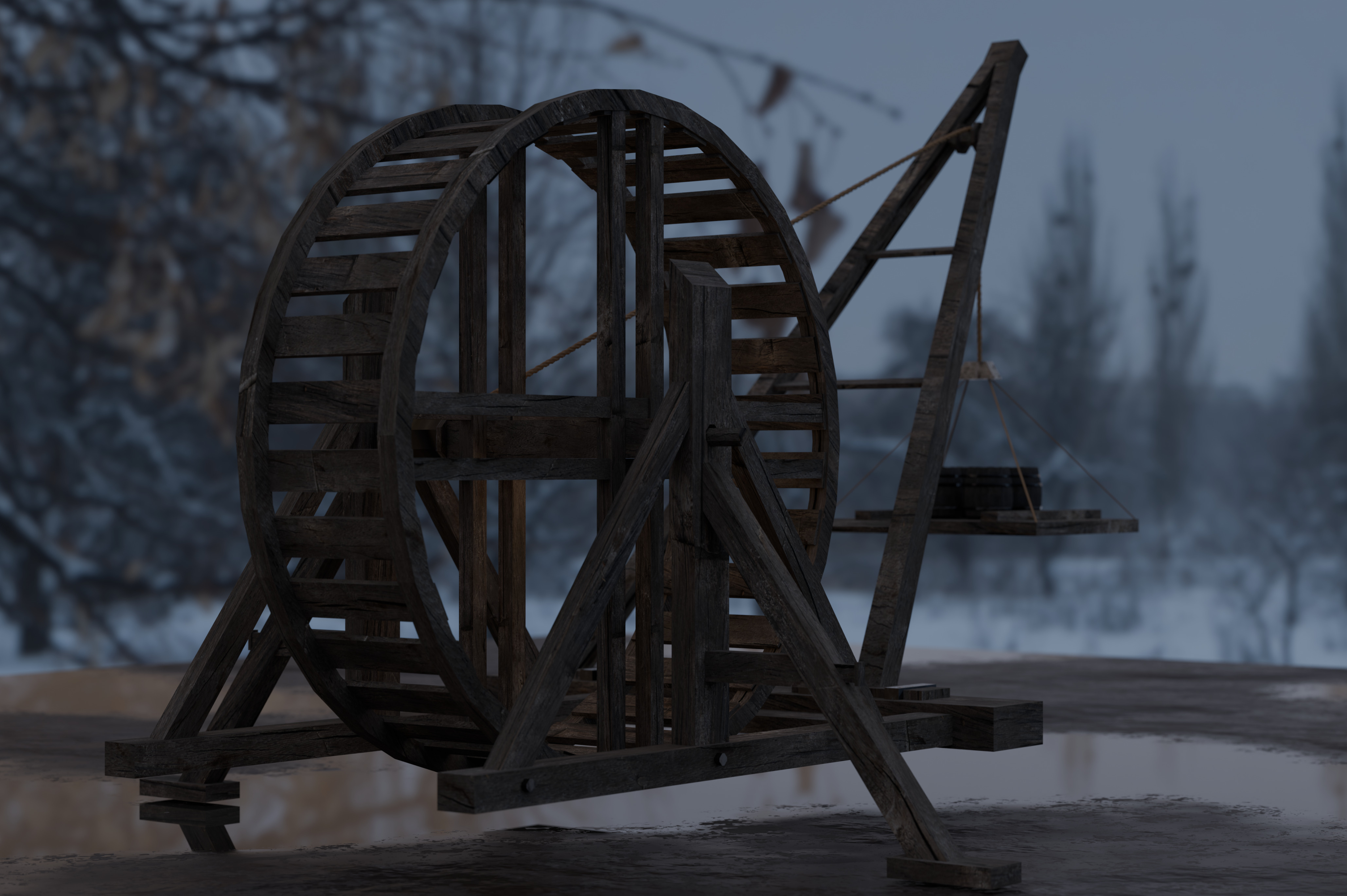Medieval Treadmill Crane Low-poly 3D model_4