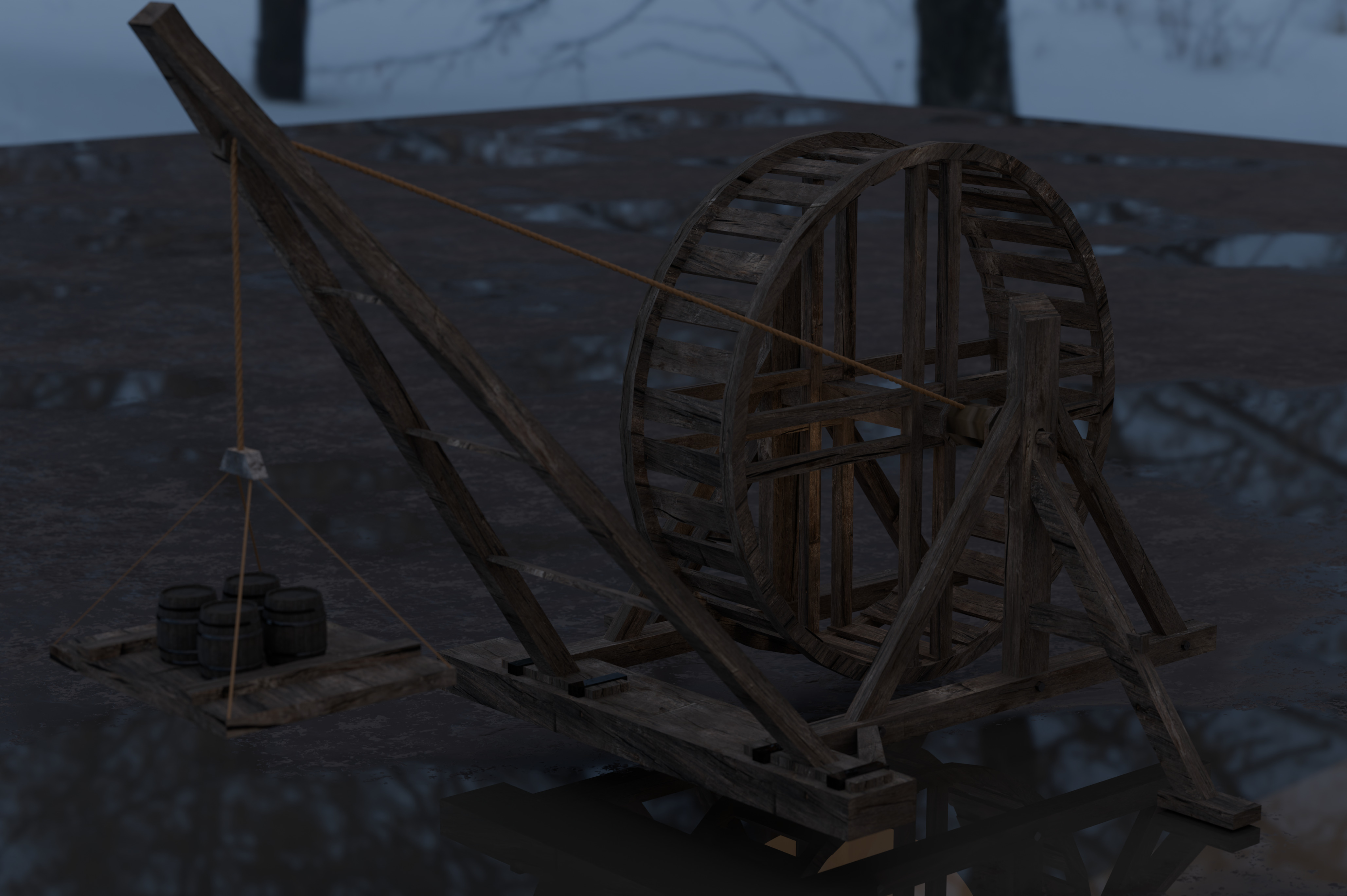 Medieval Treadmill Crane Low-poly 3D model_2