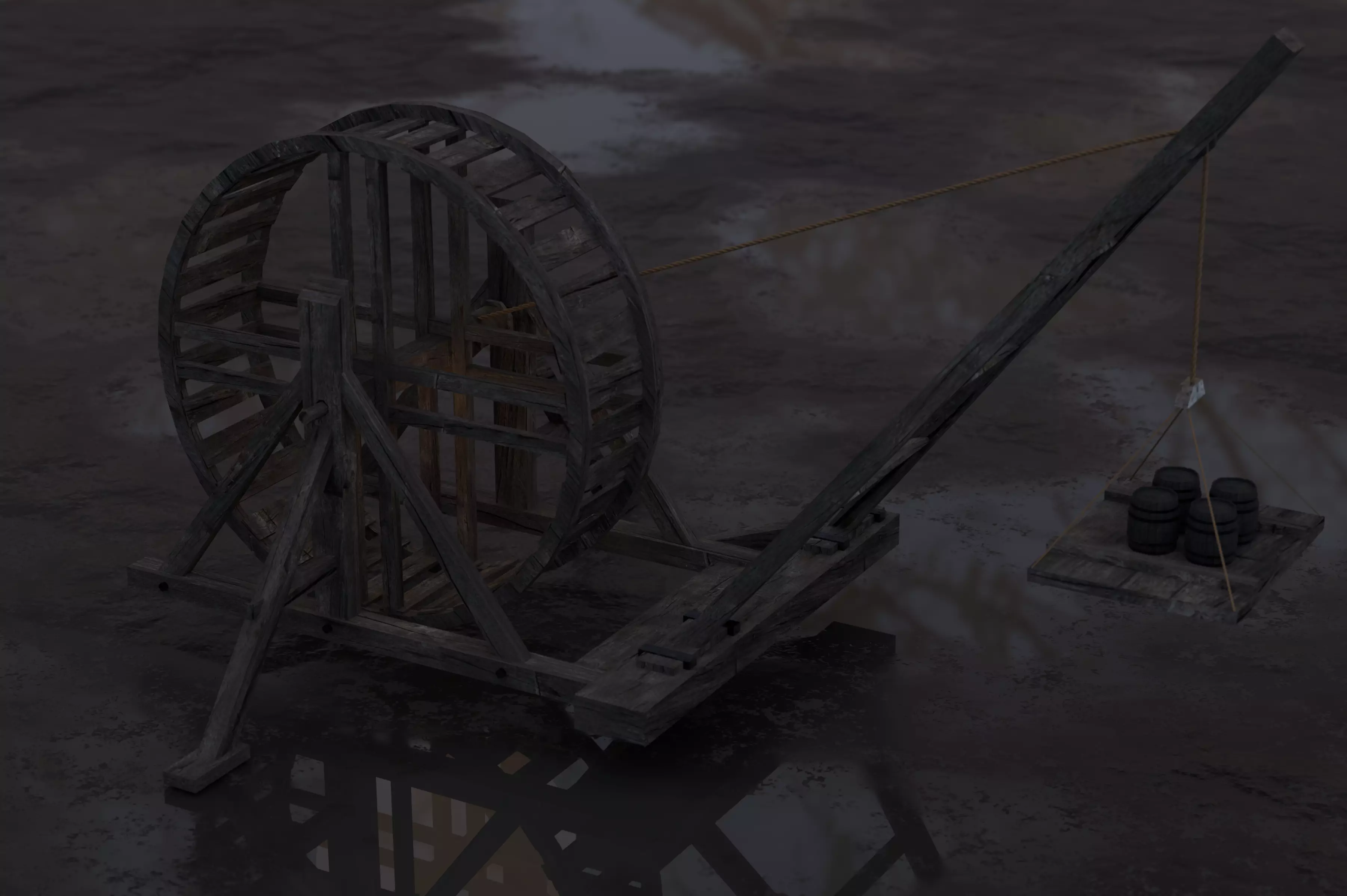 Medieval Treadmill Crane Low-poly 3D model_0