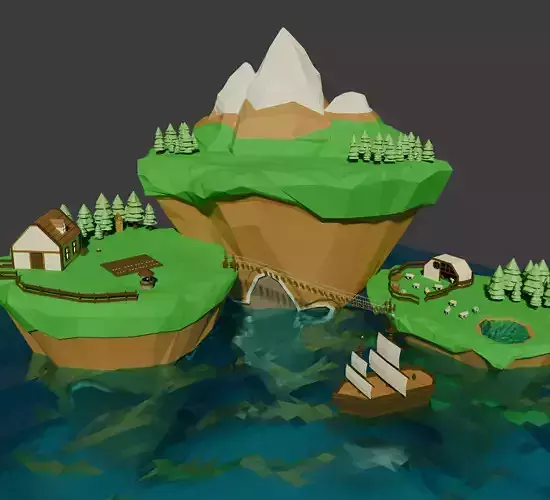 Low poly island with sea water mountain sheep Low-poly 3D model