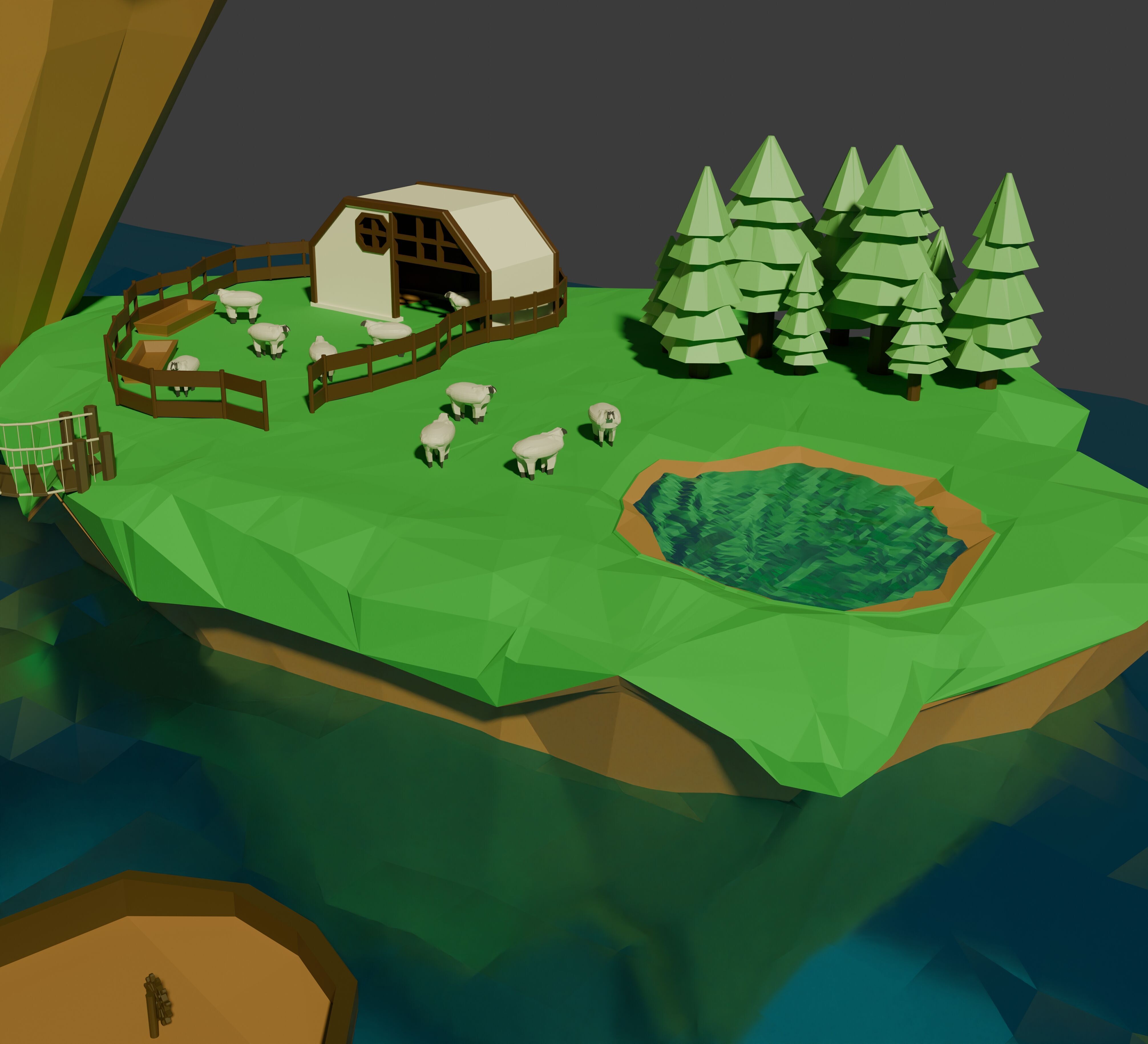 Low poly island with sea water mountain sheep Low-poly 3D model_6