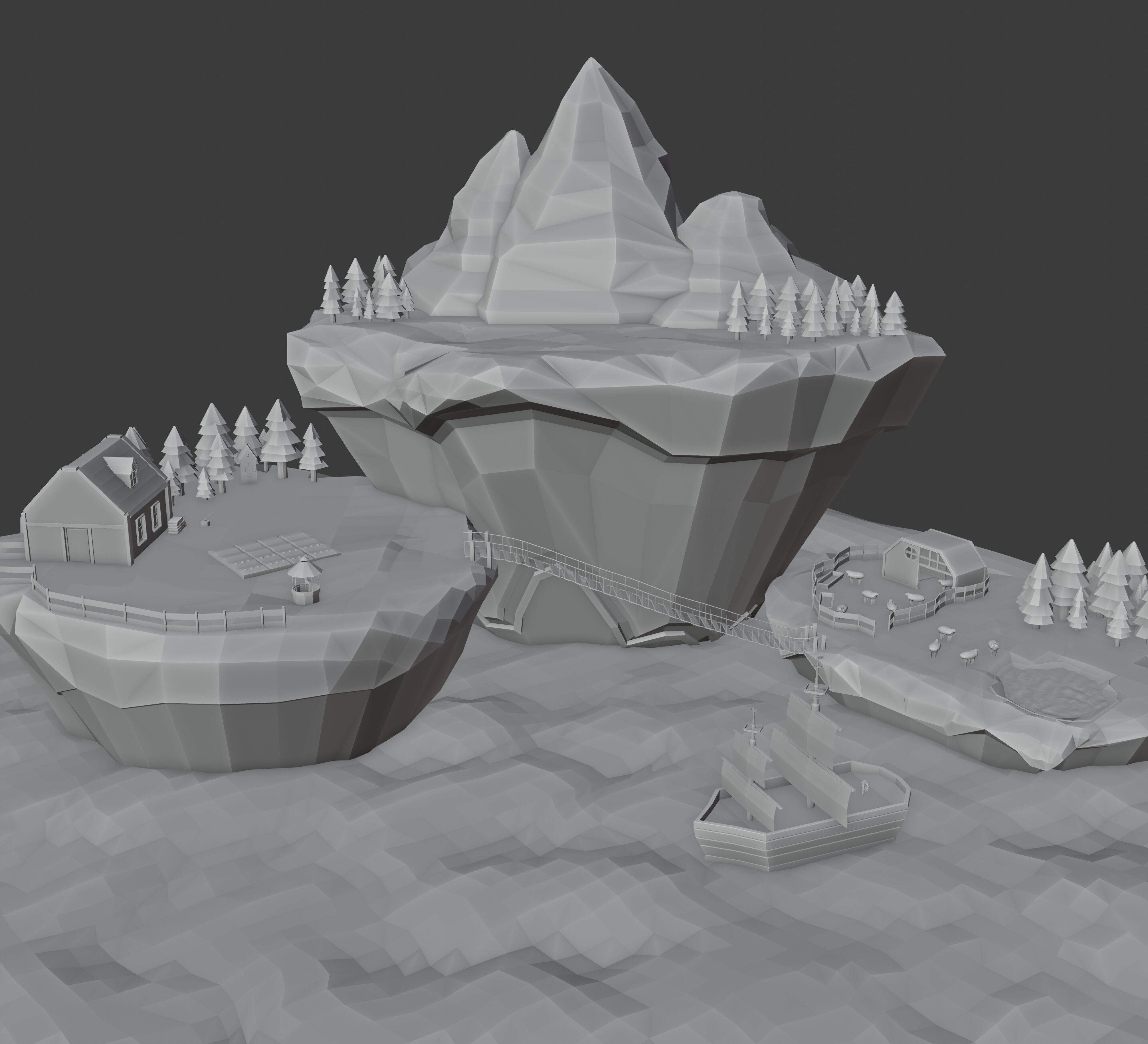 Low poly island with sea water mountain sheep Low-poly 3D model_1