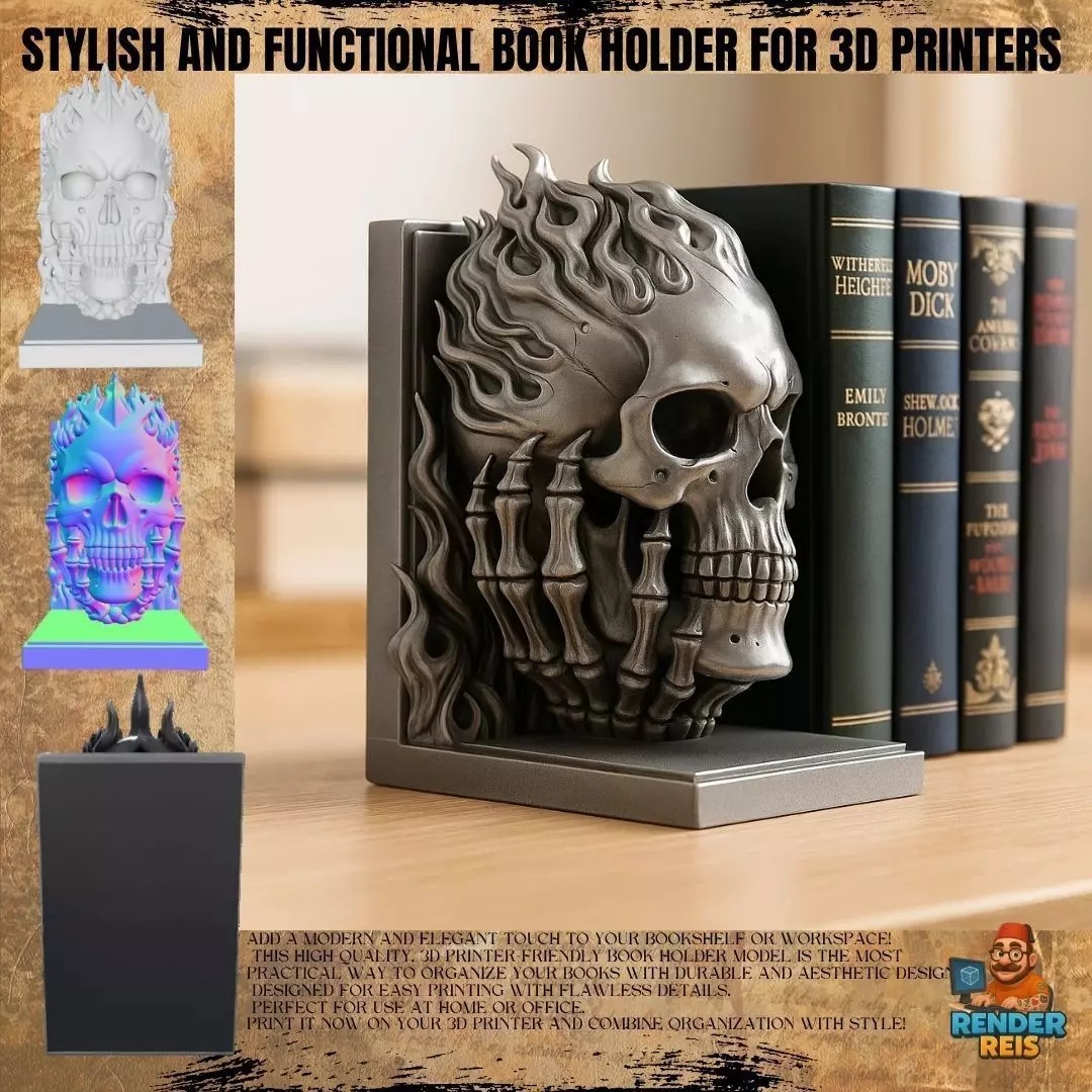 Flaming Skull Bust Bookend 3D model_0
