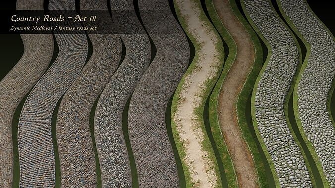 Country roads 01 - Dynamic medieval roads set Low-poly 3D model
