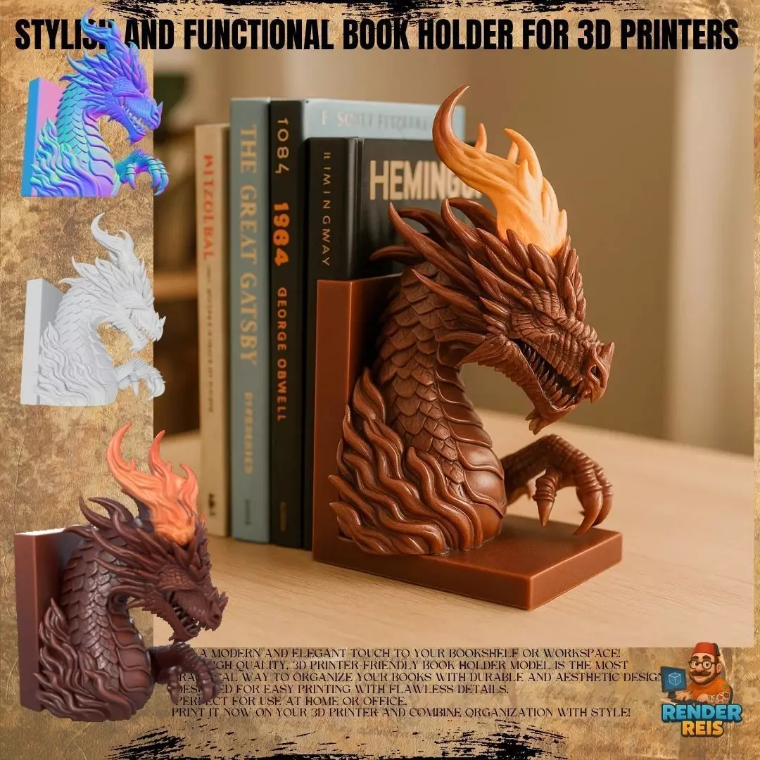 Flaming Dragon Bust Bookend 3D model_0