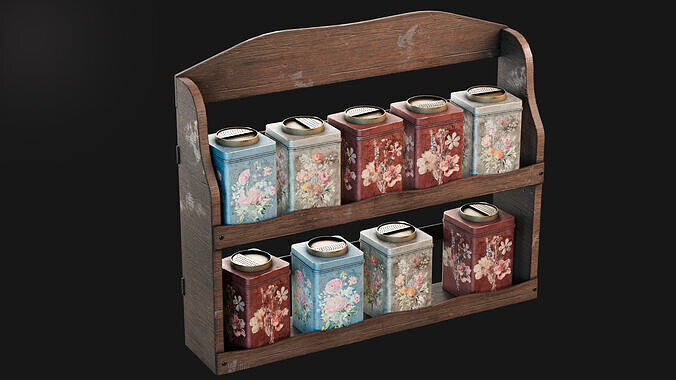 Vintage Floral Spice Rack Game Ready PBR 3D Model Low-poly 3D model