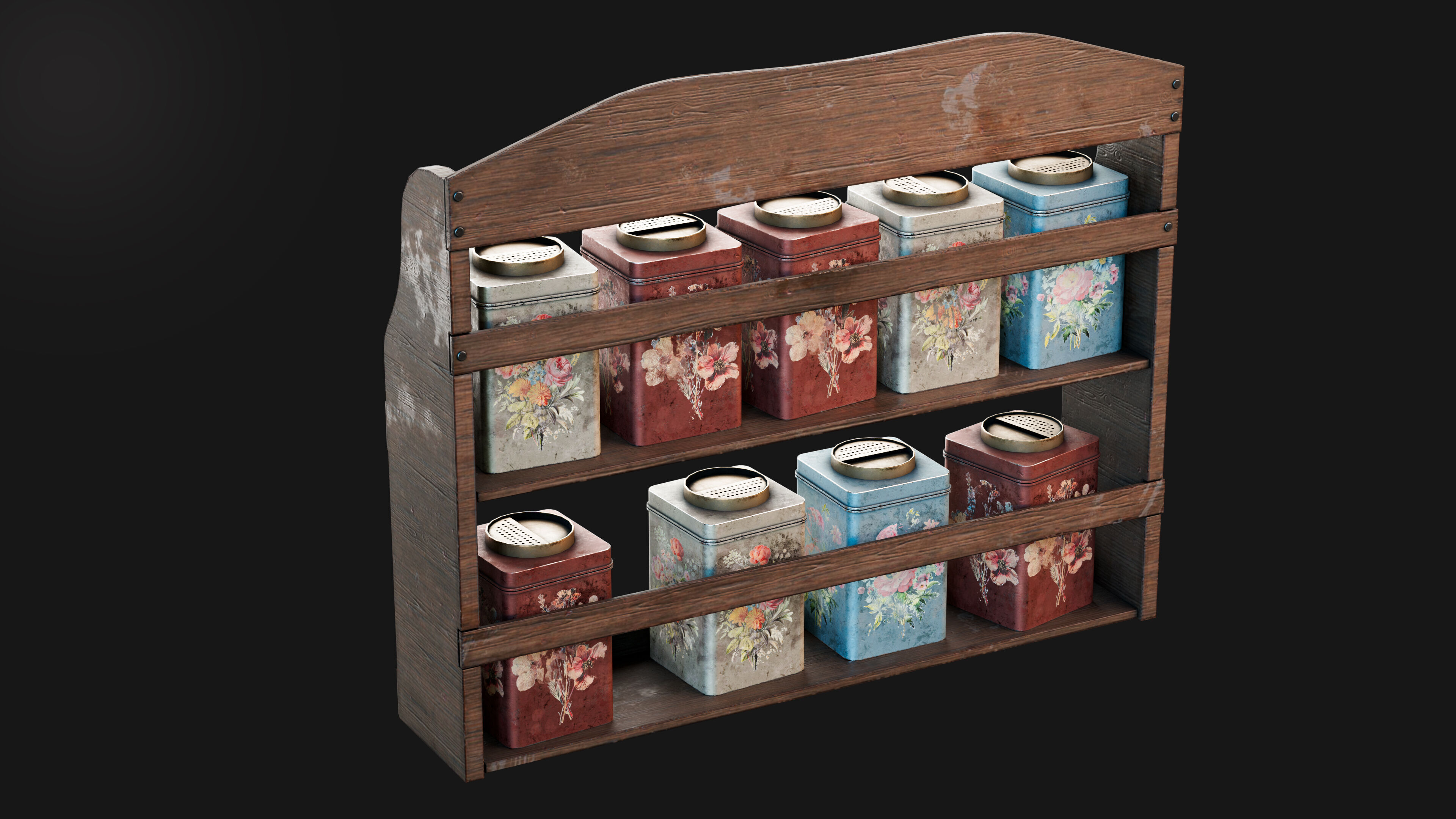 Vintage Floral Spice Rack Game Ready PBR 3D Model Low-poly 3D model_1