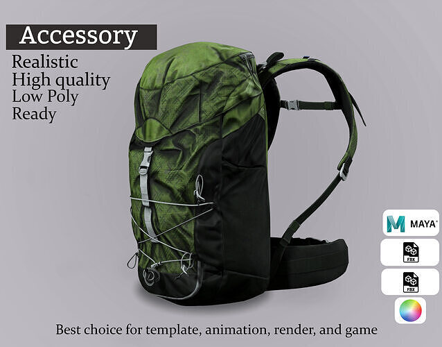 Green Hiking Backpack - Game Ready 3D Model Low-poly 3D model