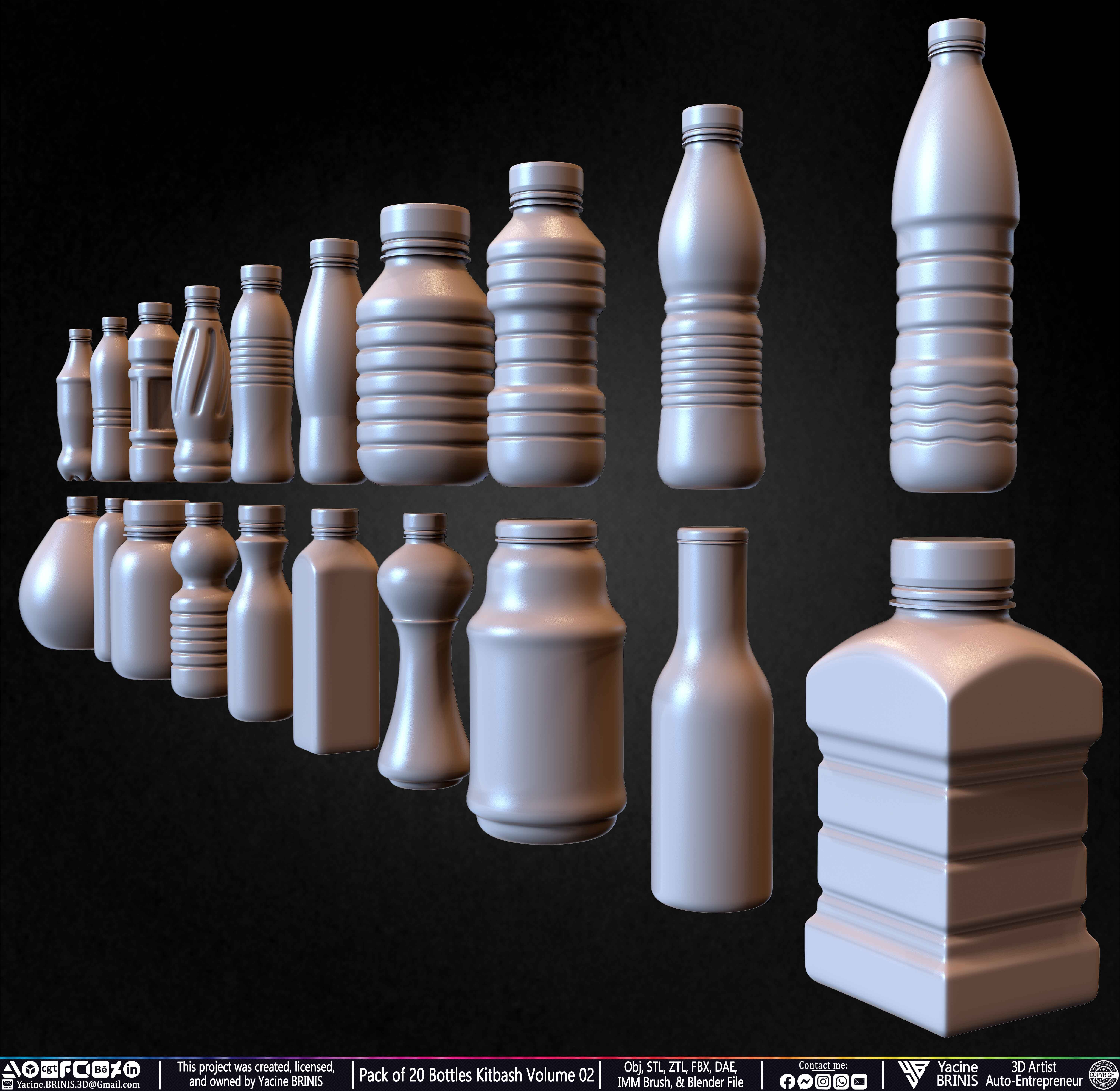 Pack of 20 Bottles Kitbash Volume 02 Low-poly 3D model_6