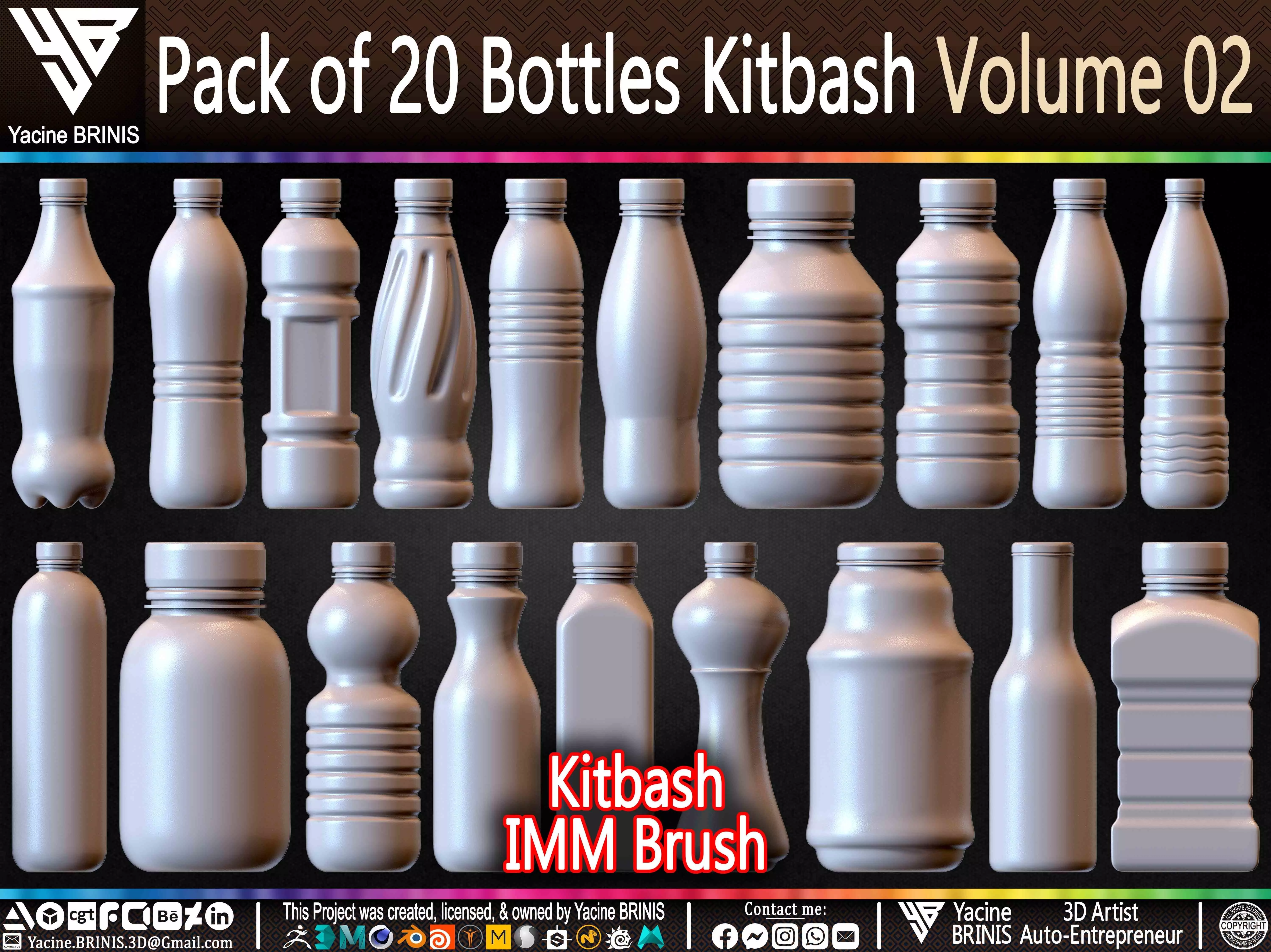 Pack of 20 Bottles Kitbash Volume 02 Low-poly 3D model_0
