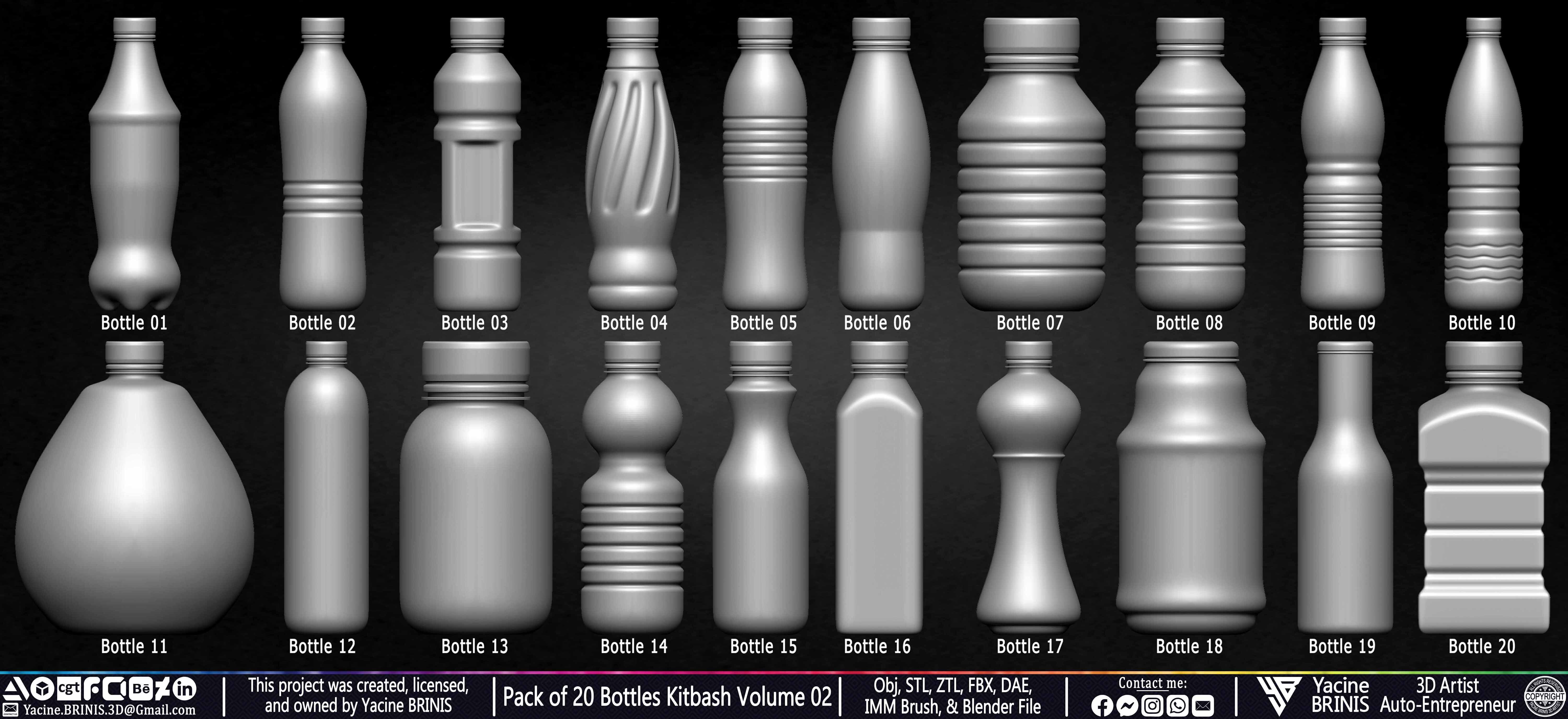 Pack of 20 Bottles Kitbash Volume 02 Low-poly 3D model_1
