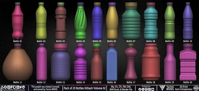 Pack of 20 Bottles Kitbash Volume 02 Low-poly 3D model 3