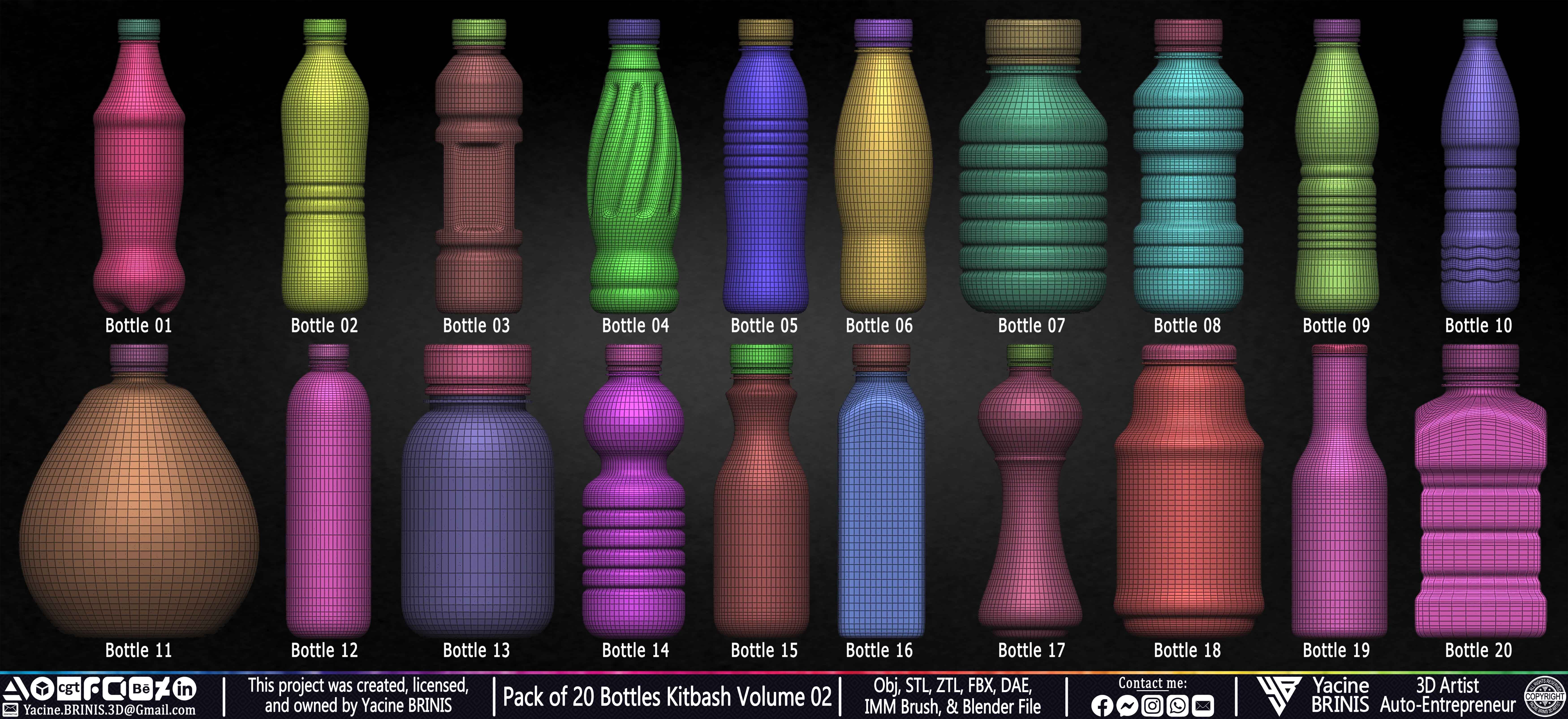 Pack of 20 Bottles Kitbash Volume 02 Low-poly 3D model_2