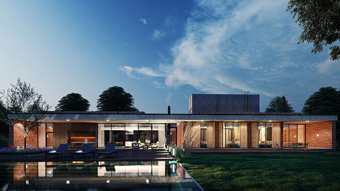 Modern Tropical Villa Exterior 3D Model with Pool and Garden 3D model 2