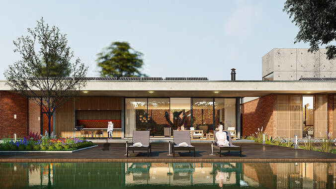 Modern Tropical Villa Exterior 3D Model with Pool and Garden 3D model 7