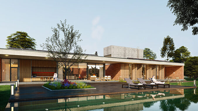 Modern Tropical Villa Exterior 3D Model with Pool and Garden 3D model 5